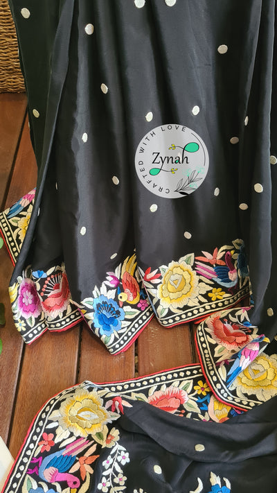 Zynah Pure Crepe Silk Parsi Gara Handcrafted Saree; Custom Stitched/Ready-made Blouse, Fall, Petticoat; Shipping available USA, Worldwide