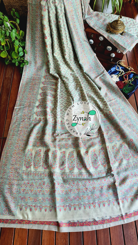 Zynah Pure Silk Kani Jamawar Style Saree with Grand Pallu & Border; Custom Stitched/Ready-made Blouse, Fall, Petticoat; Shipping available USA, Worldwide