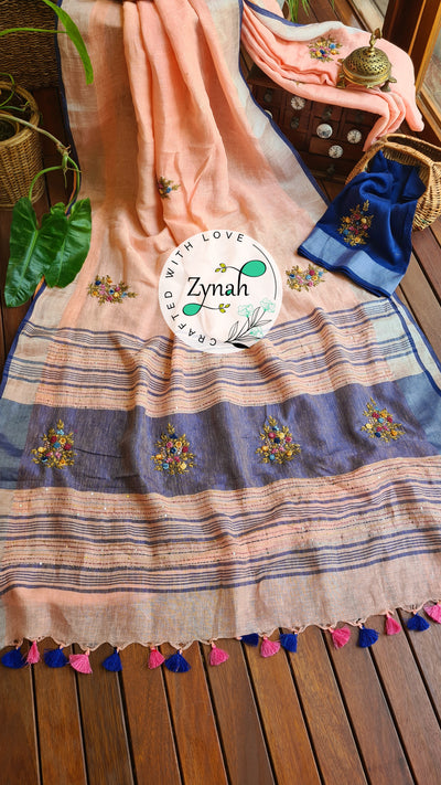 Zynah Pure Linen(120c) Handcrafted Saree with French Knot Hand Embroidery; Custom Stitched/Ready-made Blouse, Fall, Petticoat; Shipping available USA, Worldwide