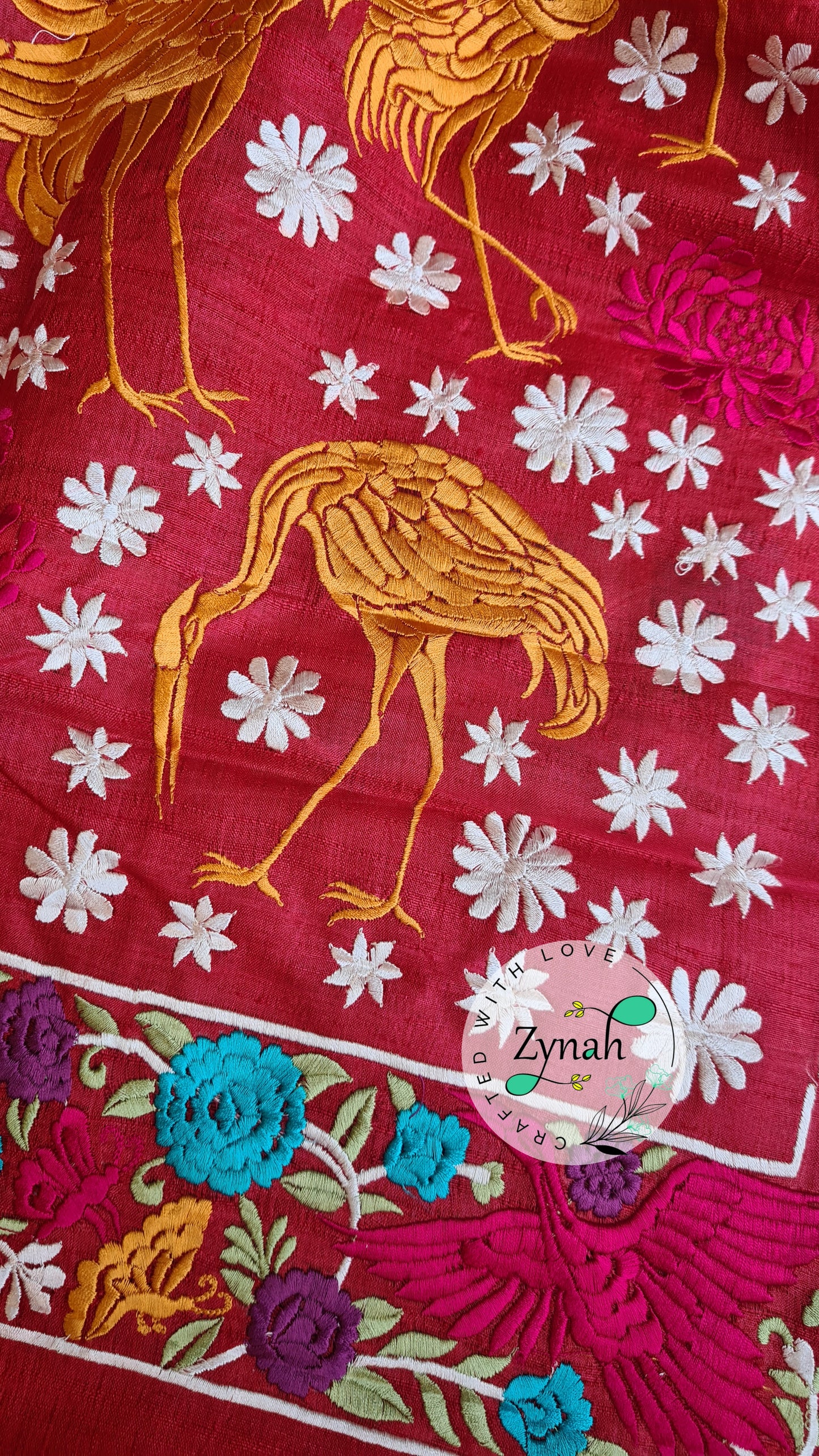 Zynah Pure Tussar Silk Parsi work Inspired Saree, Flamingo Bird Motifs; Custom Stitched/Ready-made Blouse, Fall, Petticoat; Shipping available USA, Worldwide