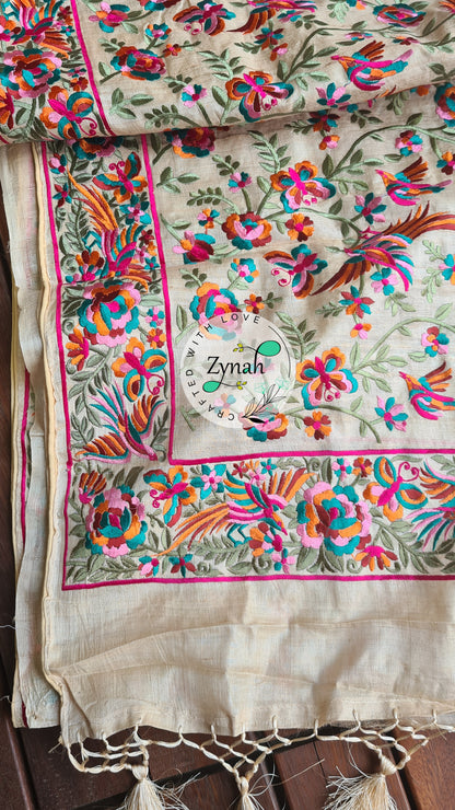 Zynah Pure Tussar Silk Parsi work Inspired Saree, Flamingo Bird Motifs; Custom Stitched/Ready-made Blouse, Fall, Petticoat; Shipping available USA, Worldwide