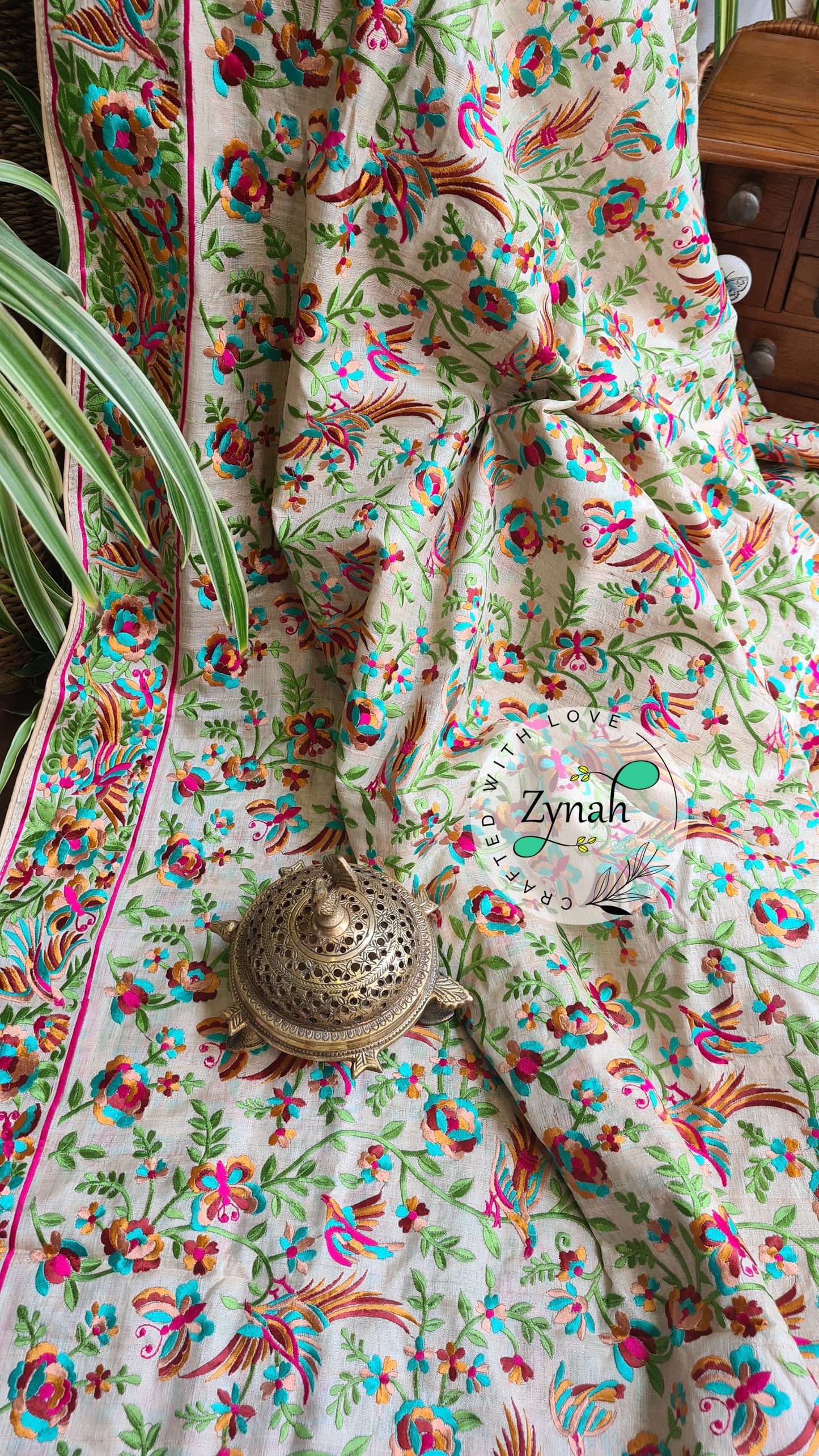 Zynah Pure Tussar Silk Parsi work Inspired Saree, Flamingo Bird Motifs; Custom Stitched/Ready-made Blouse, Fall, Petticoat; Shipping available USA, Worldwide