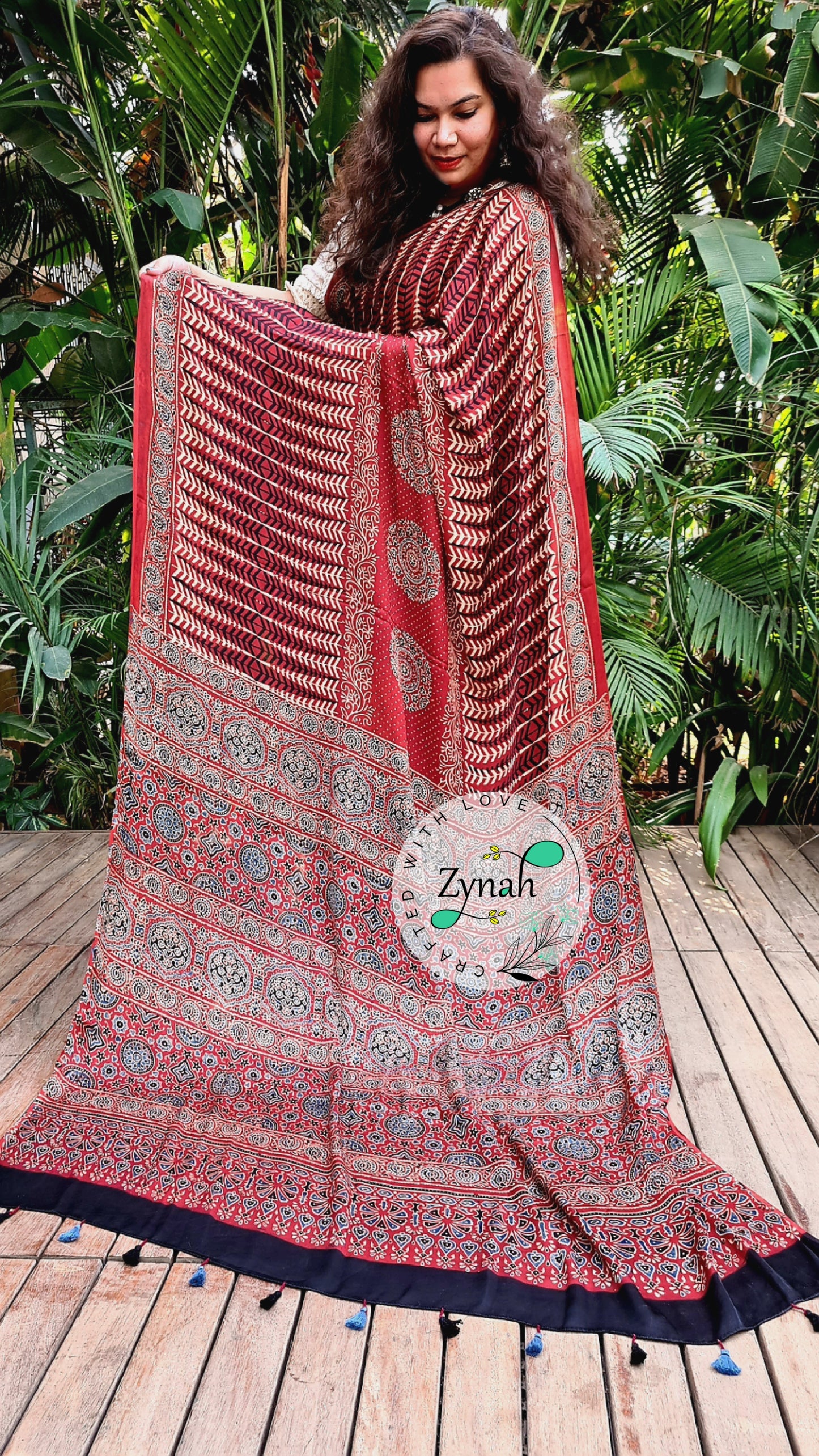 Zynah Pure Modal Silk Ajrakh Saree with Handblock Prints; Custom Stitched/Ready-made Blouse, Fall, Petticoat; Shipping available USA, Worldwide