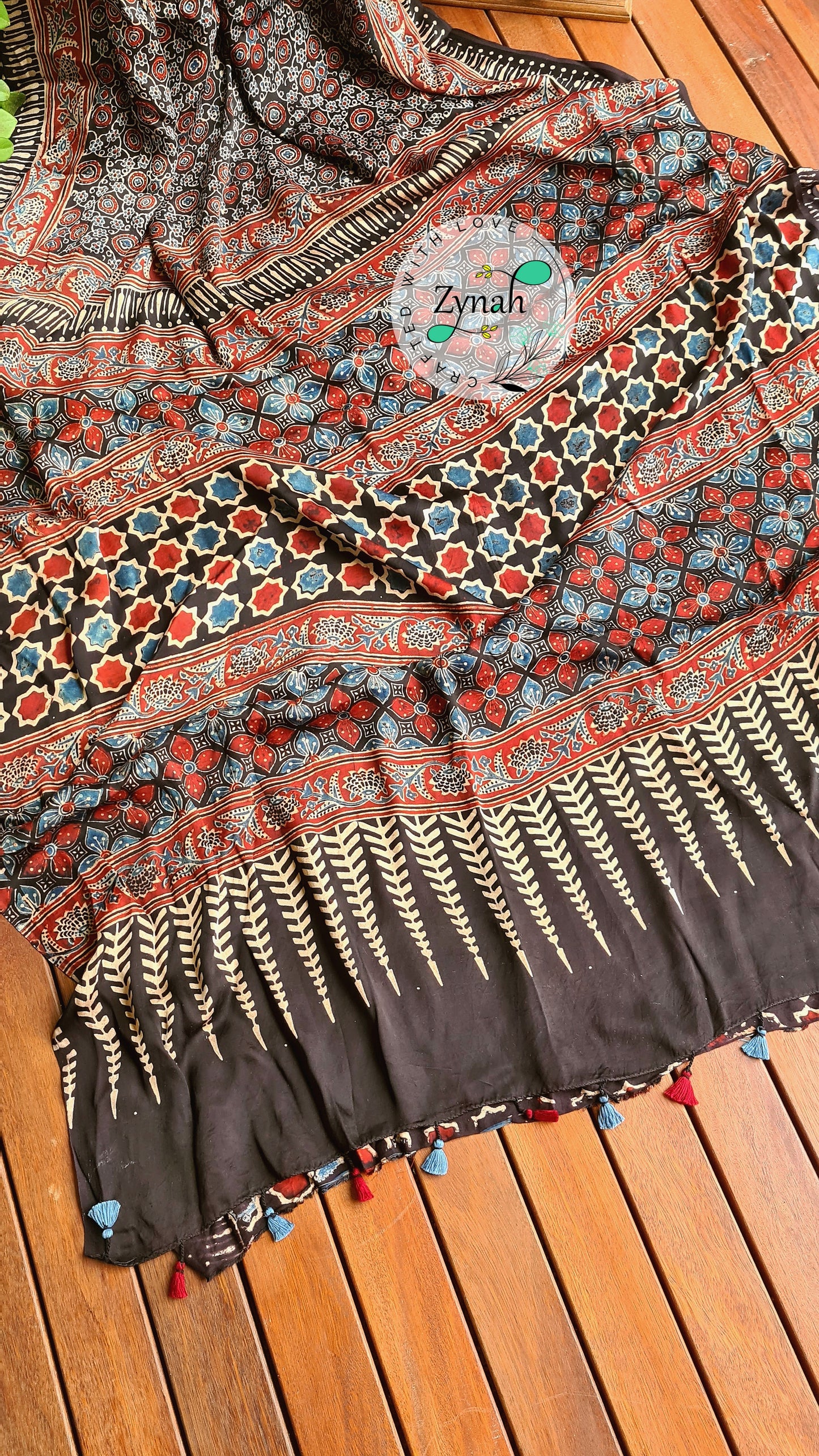 Zynah Pure Modal Silk Ajrakh Saree with Handblock Prints; Custom Stitched/Ready-made Blouse, Fall, Petticoat; Shipping available USA, Worldwide