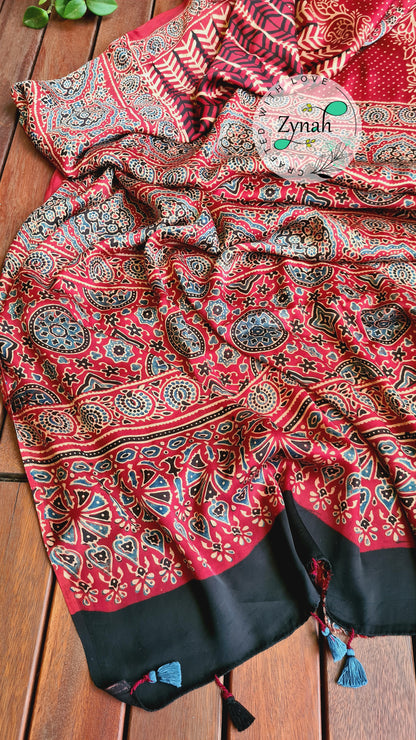 Zynah Pure Modal Silk Ajrakh Saree with Handblock Prints; Custom Stitched/Ready-made Blouse, Fall, Petticoat; Shipping available USA, Worldwide
