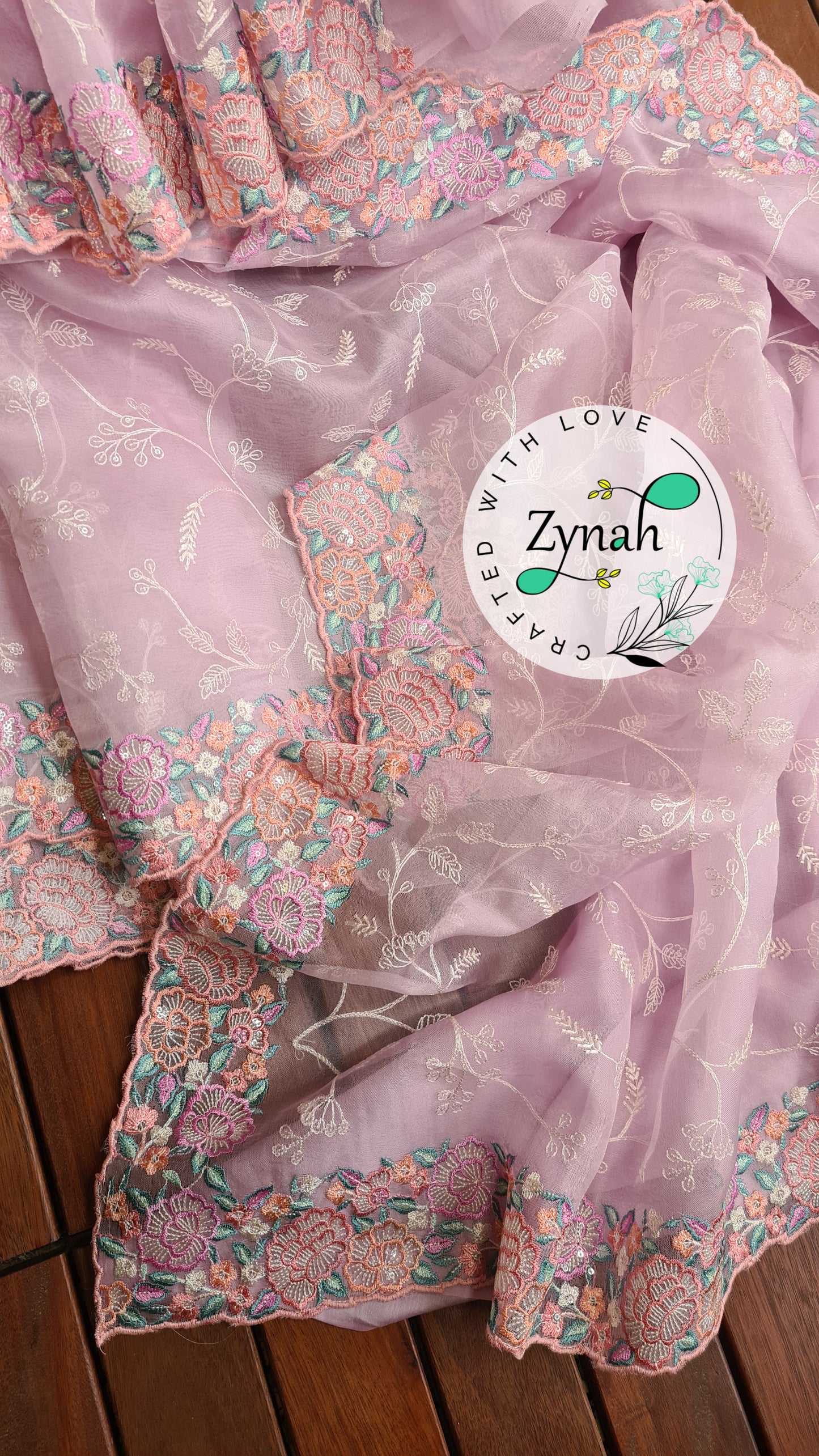 Zynah Pure Organza Silk Saree with Scalloped Border, Thread Embroidery & Sequence Work; Custom Stitched/Ready-made Blouse, Fall, Petticoat; Shipping available USA, Worldwide