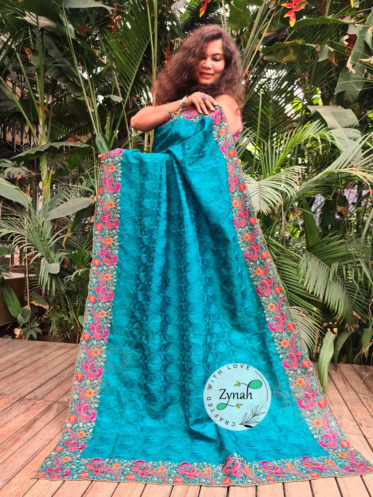 Zynah Designer Pure Kora Silk Saree with Scalloped Border & Thread Embroidery; Custom Stitched/Ready-made Blouse, Fall, Petticoat; Shipping available USA, Worldwide
