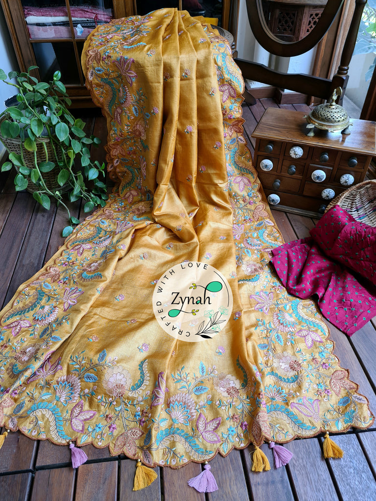 Zynah Pure Tussar Silk Embroidered Saree with Scalloped Border & 2 blouse pieces; Custom Stitched/Ready-made Blouse, Fall, Petticoat; Shipping available USA, Worldwide