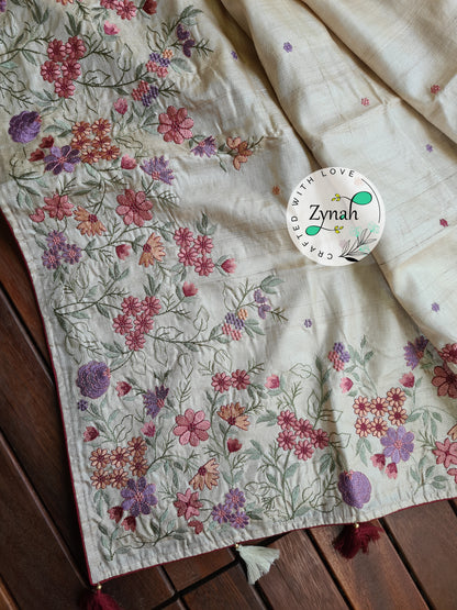 Zynah Pure Tussar Silk Embroidered Saree with 2 blouse pieces; Custom Stitched/Ready-made Blouse, Fall, Petticoat; Shipping available USA, Worldwide