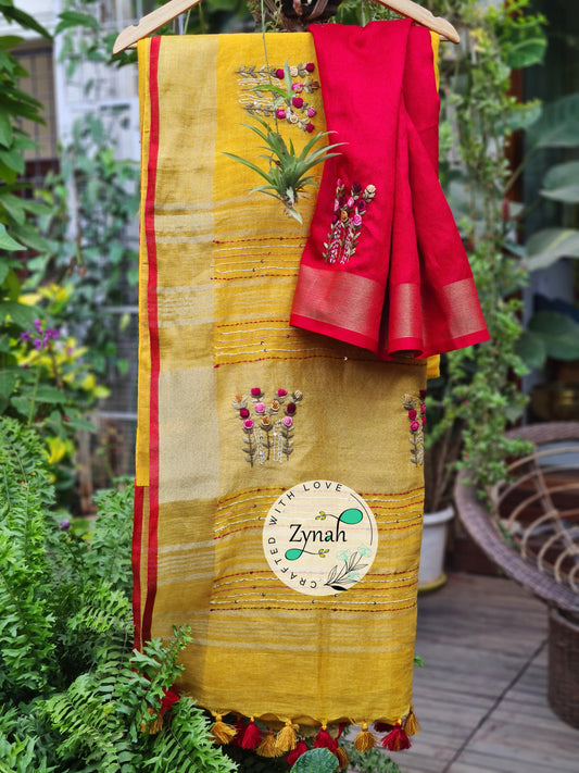 Zynah Pure Linen(120c) Handcrafted Saree with French Knot Hand Embroidery; Custom Stitched/Ready-made Blouse, Fall, Petticoat; Shipping available USA, Worldwide