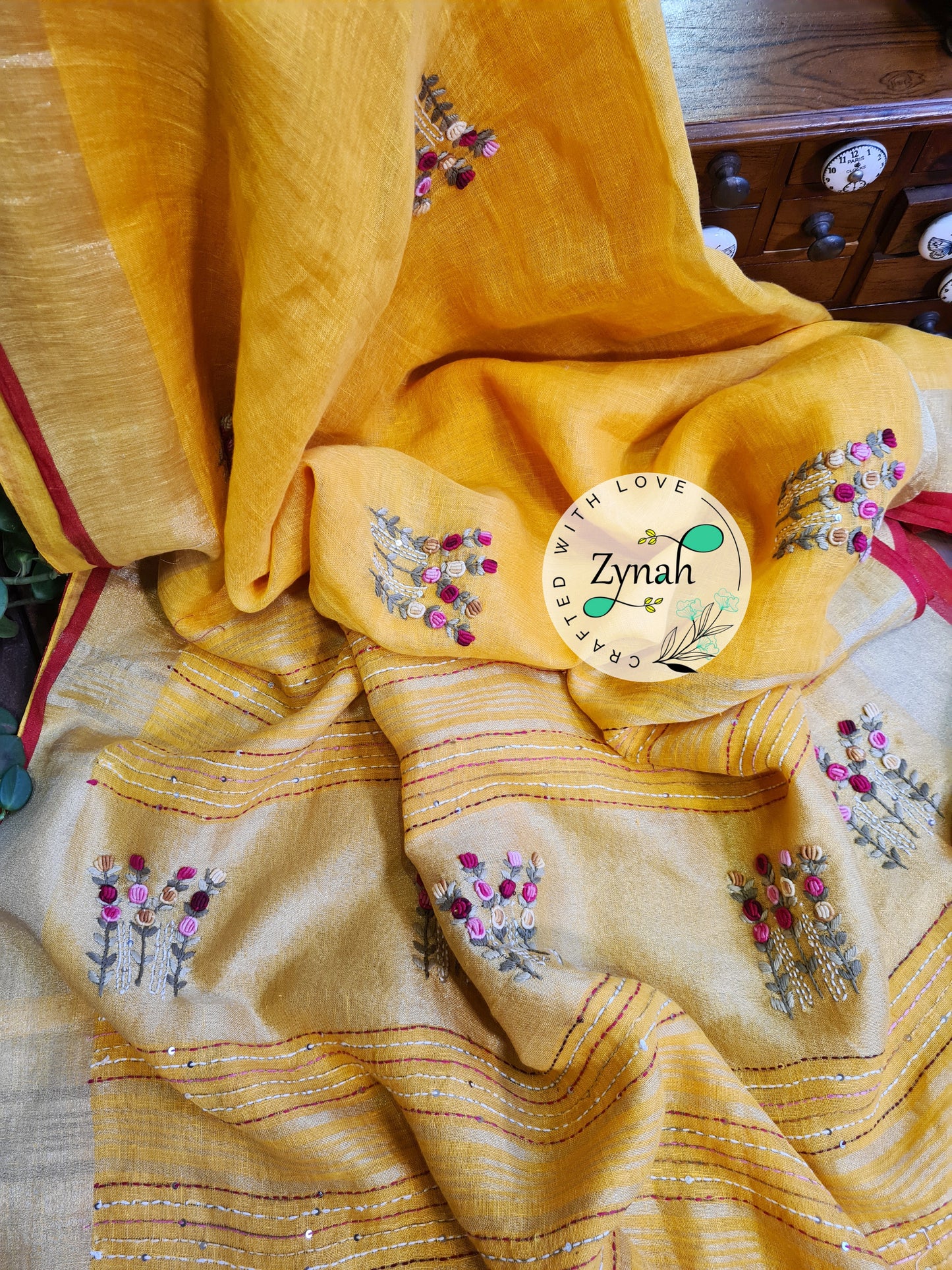 Zynah Pure Linen(120c) Handcrafted Saree with French Knot Hand Embroidery; Custom Stitched/Ready-made Blouse, Fall, Petticoat; Shipping available USA, Worldwide