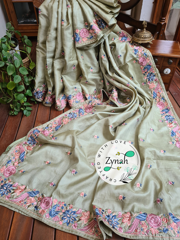 Zynah Pista Green Color Pure Handwoven Tussar Silk Parsi Gara Inspired Resham Thread Embroidery Saree; Custom Stitched/Ready-made Blouse, Fall, Petticoat; Shipping available USA, Worldwide