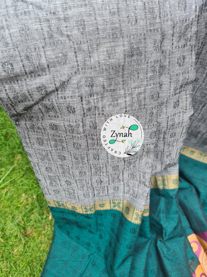 Zynah Grey Color Pure Handspun Cotton Saree with Zari Weave Border; Custom Stitched/Ready-made Blouse, Fall, Petticoat; Shipping available USA, Worldwide