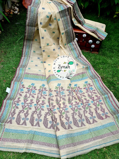 Zynah Off-white Color Pure Handspun Cotton Saree with Zari Weave Border; Custom Stitched/Ready-made Blouse, Fall, Petticoat; Shipping available USA, Worldwide