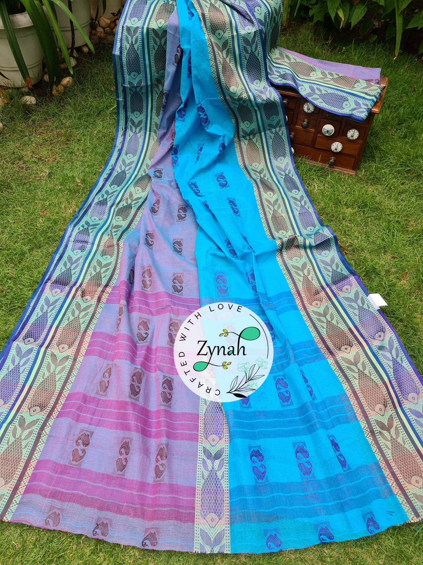 Zynah Blue Color Pure Handspun Cotton Saree with Zari Weave Border; Custom Stitched/Ready-made Blouse, Fall, Petticoat; Shipping available USA, Worldwide