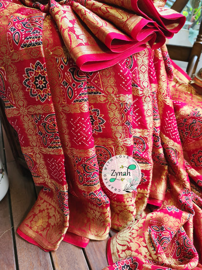 Zynah Pure Munga Silk Saree with Ajrakh Prints & Gharchola Zari Weave; Custom Stitched/Ready-made Blouse, Fall, Petticoat; Shipping available USA, Worldwide