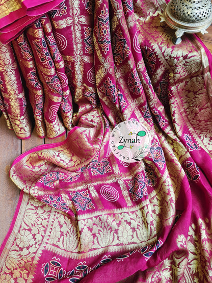Zynah Pure Munga Silk Saree with Ajrakh Prints & Gharchola Zari Weave; Custom Stitched/Ready-made Blouse, Fall, Petticoat; Shipping available USA, Worldwide