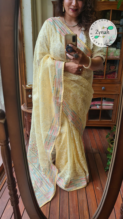 Zynah Butterscotch Yellow Color Pure Organza Silk Saree with Kantha Style Embroidery; Custom Stitched/Ready-made Blouse, Fall, Petticoat; Shipping available USA, Worldwide
