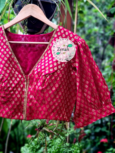 Zynah Pre-order Pure Silk Red Color Blouse with Butis weave; Shipping available USA & Worldwide