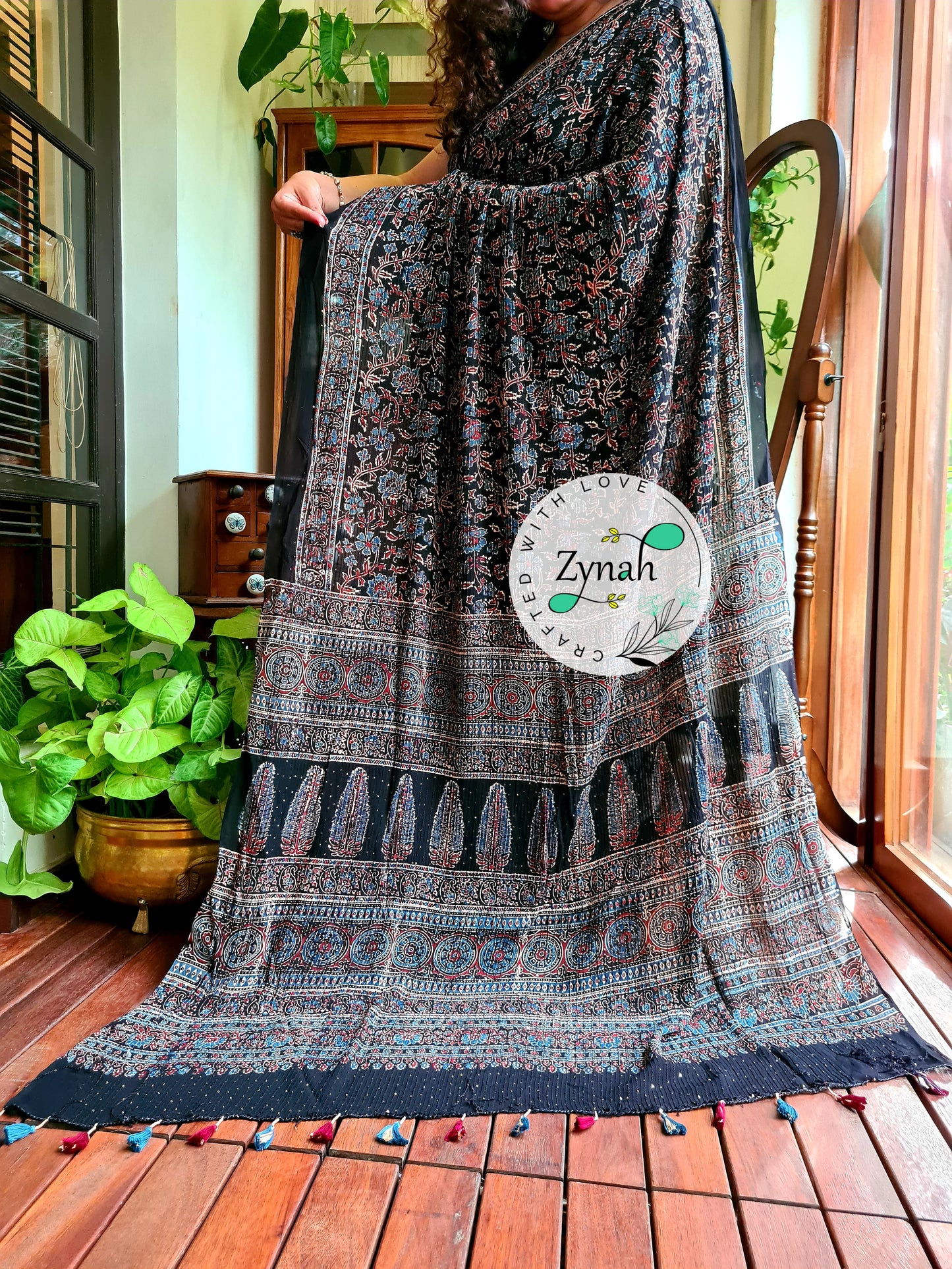 Zynah Black Color Pure Georgette Sequence Work Saree with Ajrakh Handblock Prints; Custom Stitched/Ready-made Blouse, Fall, Petticoat; Shipping available USA, Worldwide