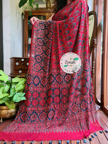 Zynah Red Color Pure Georgette Sequence Work Saree with Ajrakh Handblock Prints; Custom Stitched/Ready-made Blouse, Fall, Petticoat; Shipping available USA, Worldwide
