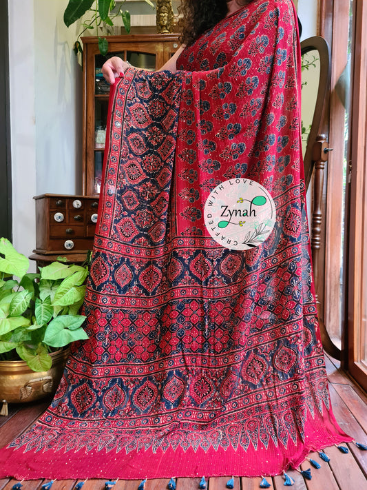 Zynah Red Color Pure Georgette Sequence Work Saree with Ajrakh Handblock Prints; Custom Stitched/Ready-made Blouse, Fall, Petticoat; Shipping available USA, Worldwide