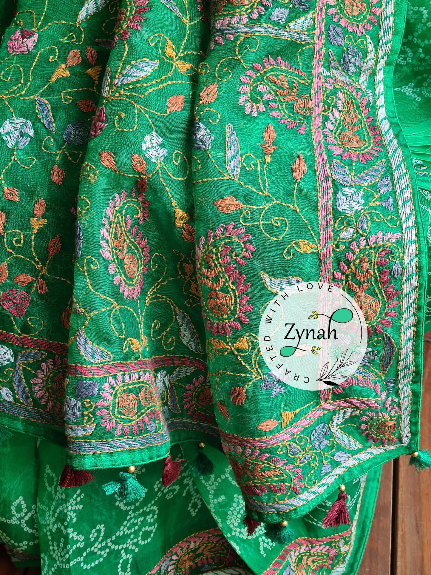Zynah Green Color Pure Organza Silk Saree with Bandhani Prints & Kantha Embroidery; Custom Stitched/Ready-made Blouse, Fall, Petticoat; Shipping available USA, Worldwide