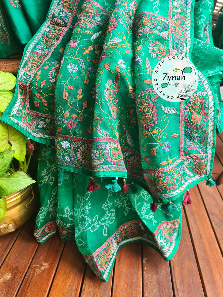 Zynah Green Color Pure Organza Silk Saree with Bandhani Prints & Kantha Embroidery; Custom Stitched/Ready-made Blouse, Fall, Petticoat; Shipping available USA, Worldwide