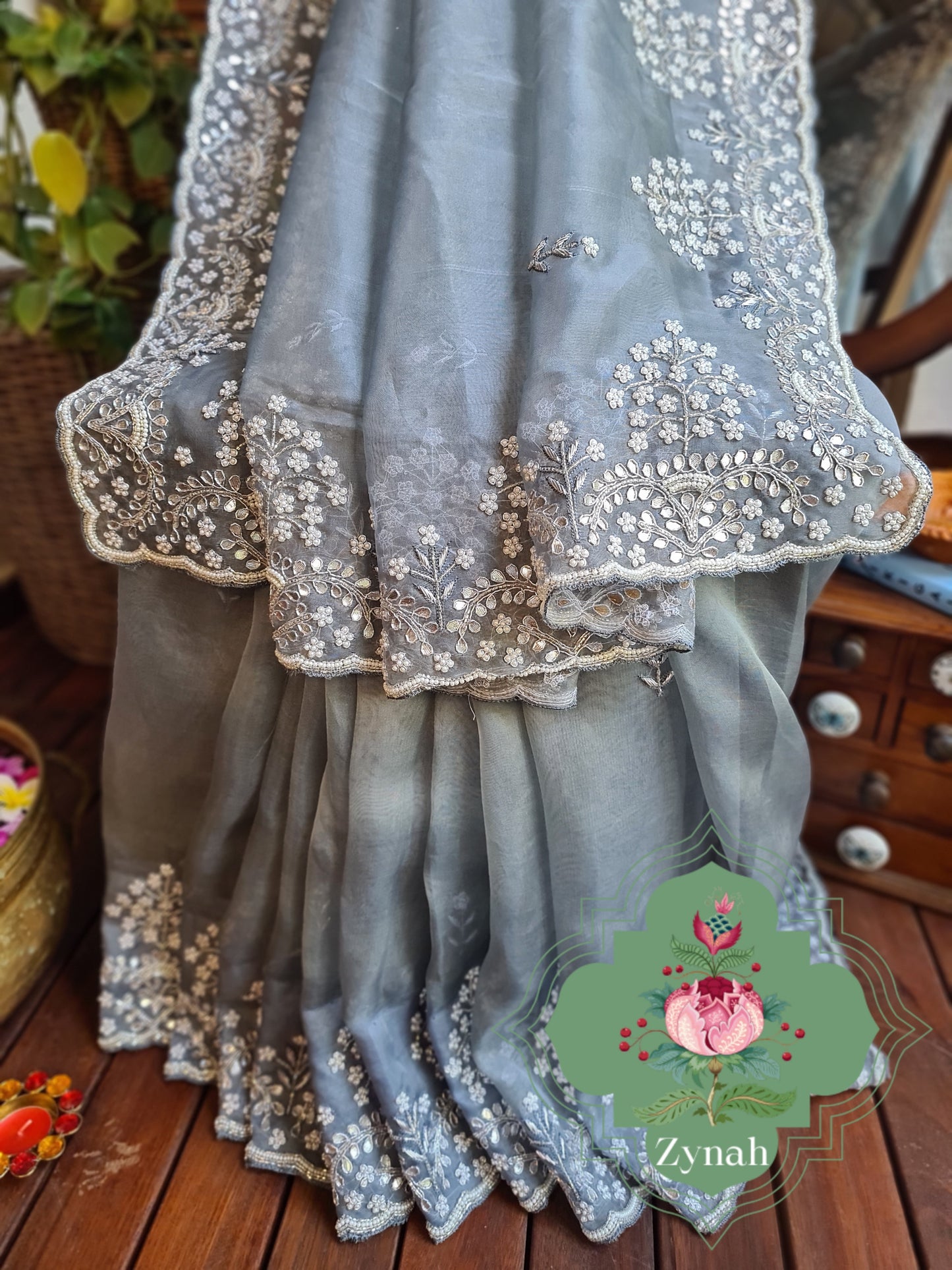 Zynah Grey Color Organza Silk Saree with Cut-dana Work, Pearls, Beads, Gotapatti Work; Custom Stitched/Ready-made Blouse, Fall, Petticoat; Shipping available USA, Worldwide