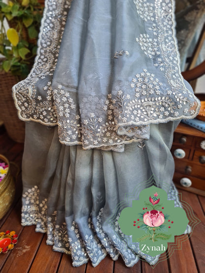 Zynah Grey Color Organza Silk Saree with Cut-dana Work, Pearls, Beads, Gotapatti Work; Custom Stitched/Ready-made Blouse, Fall, Petticoat; Shipping available USA, Worldwide