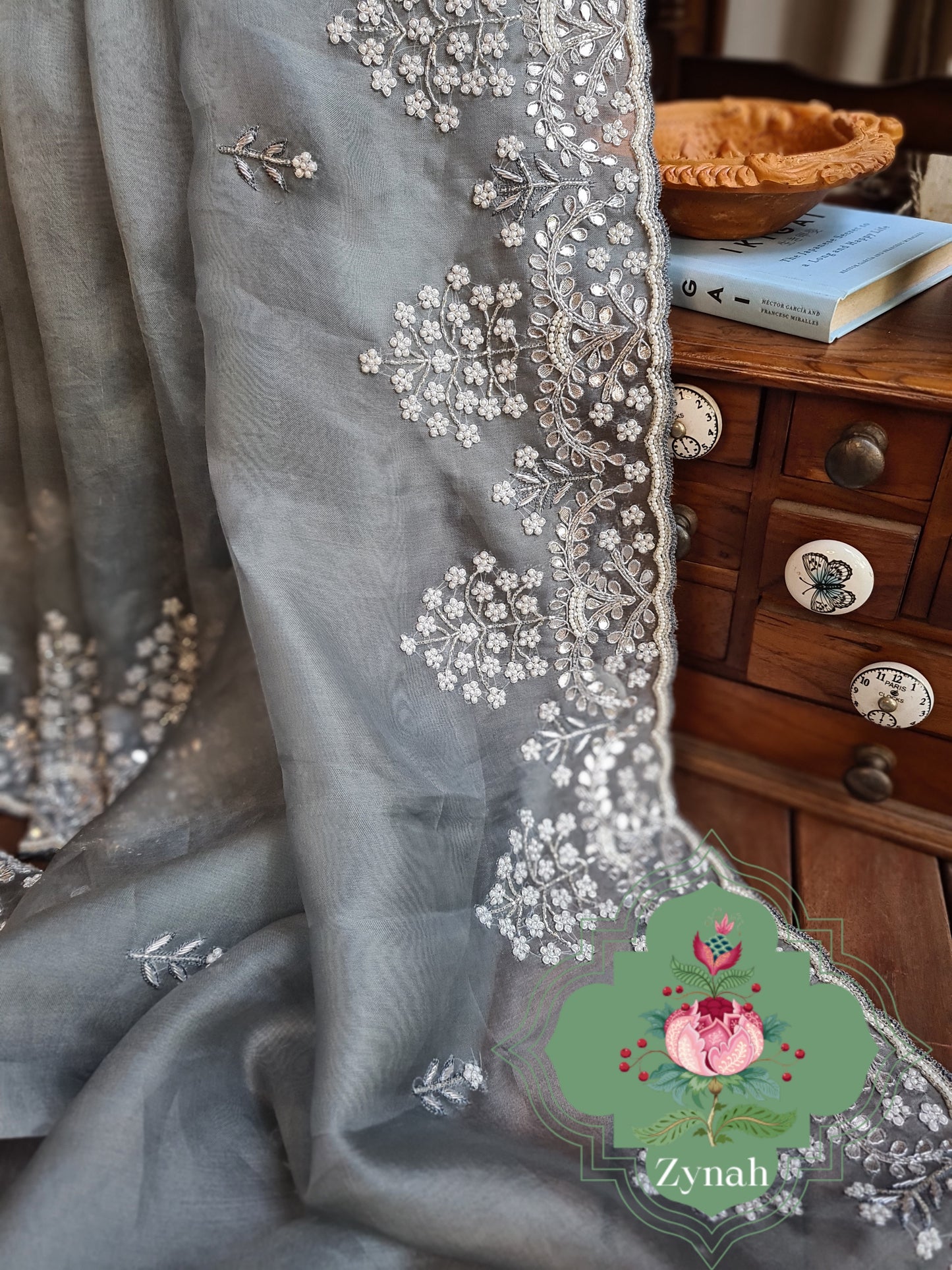 Zynah Grey Color Organza Silk Saree with Cut-dana Work, Pearls, Beads, Gotapatti Work; Custom Stitched/Ready-made Blouse, Fall, Petticoat; Shipping available USA, Worldwide