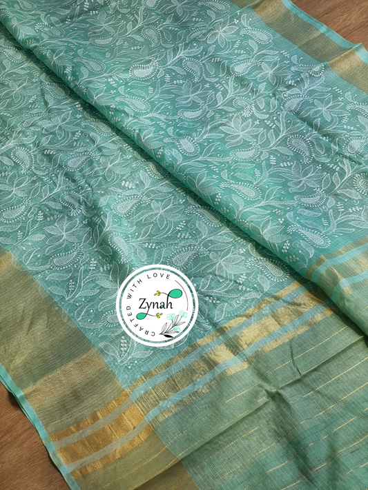 Zynah Teal Color Pure Tussar Kota Silk Saree with Heavy Chikankari Embroidery With Double Ghiccha Pallu and Heavy Tassels; Custom Stitched/Ready-made Blouse, Fall, Petticoat; Shipping available USA, Worldwide