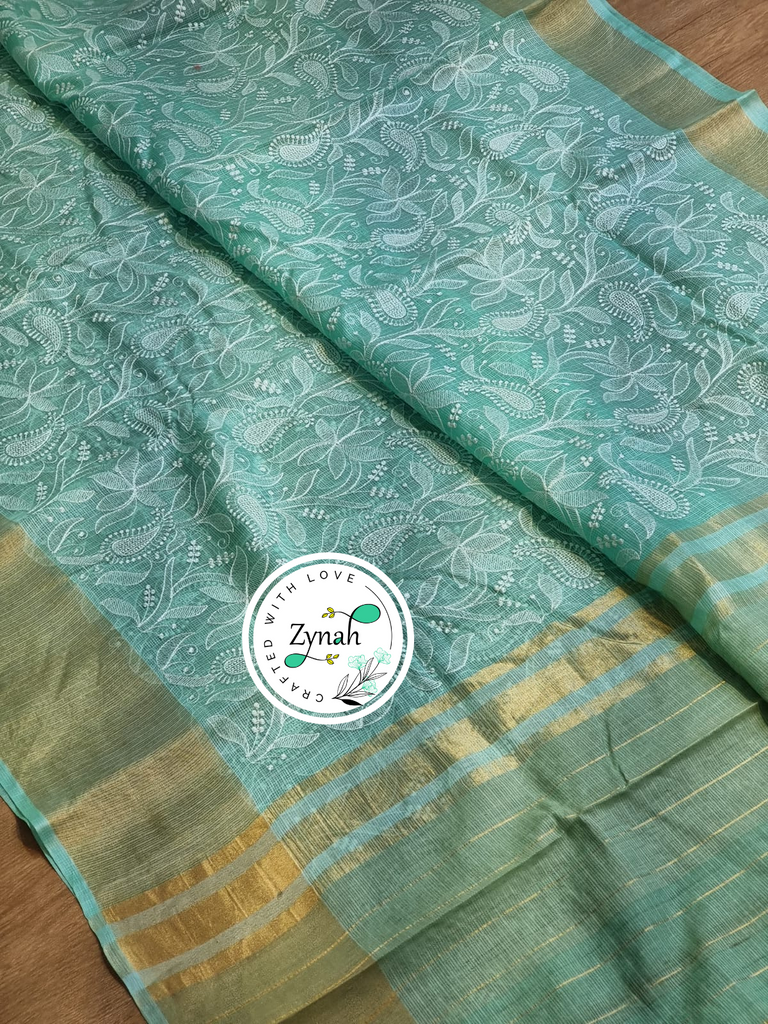 Zynah Teal Color Pure Tussar Kota Silk Saree with Heavy Chikankari Embroidery With Double Ghiccha Pallu and Heavy Tassels; Custom Stitched/Ready-made Blouse, Fall, Petticoat; Shipping available USA, Worldwide