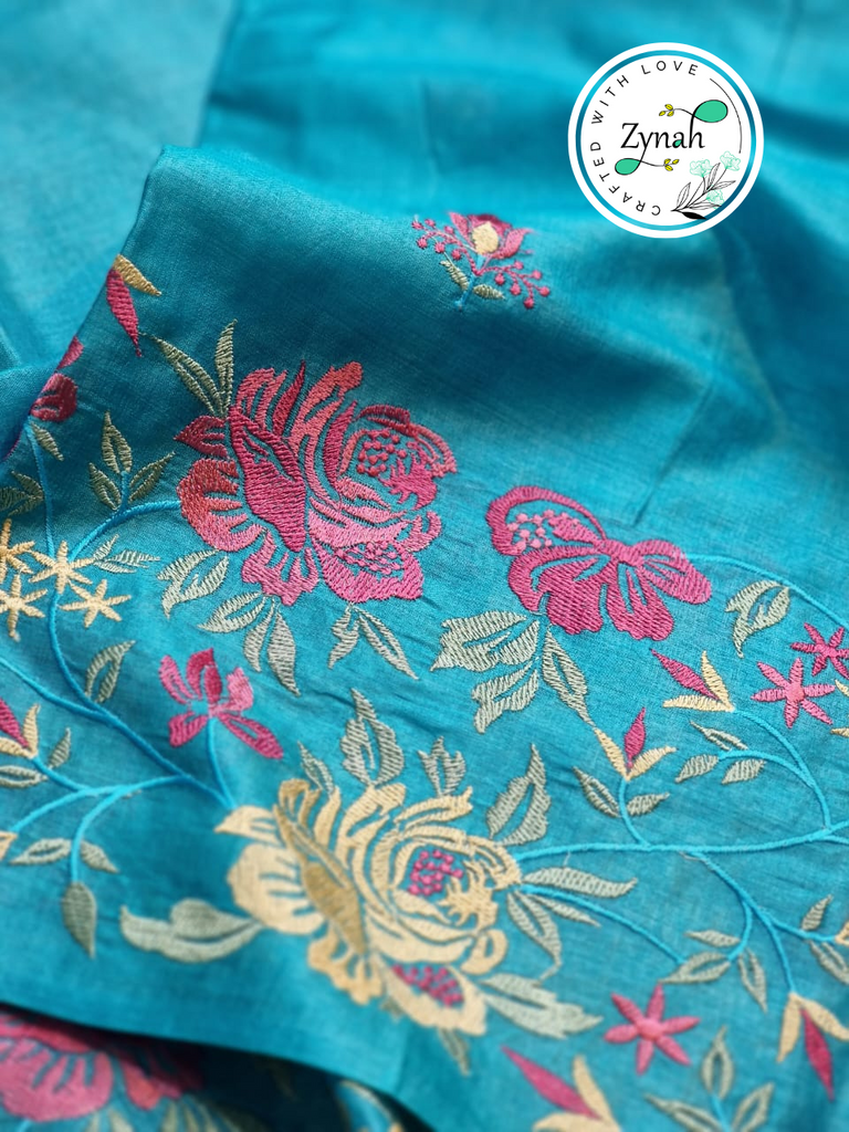 Zynah Blue Color Pure Tussar Silk Embroidered Saree with Vibrant Tassels; Custom Stitched/Ready-made Blouse, Fall, Petticoat; Shipping available USA, Worldwide