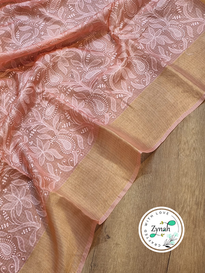 Zynah Peach Color Pure Tussar Kota Silk Saree with Heavy Chikankari Embroidery With Double Ghiccha Pallu and Heavy Tassels; Custom Stitched/Ready-made Blouse, Fall, Petticoat; Shipping available USA, Worldwide