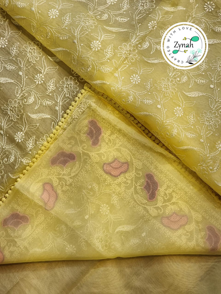 Zynah Yellow Color Pure Organza Silk Chikankari  Embroidery Saree with Crochet Lace  in Pastel Shades; Available in many colors; stitched readymade blouse,fall,petticoat,available in USA