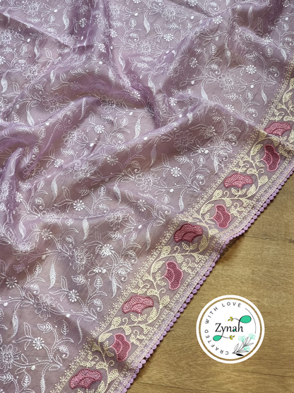 Zynah Violet Color Pure Organza Silk Chikankari  Embroidery Saree with Crochet Lace  in Pastel Shades; Available in many colors; stitched readymade blouse,fall,petticoat,available in USA