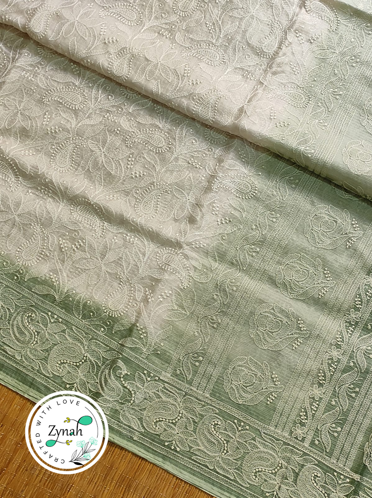 Zynah Off-White & Green Color Pure Tussar Kota Silk Saree with Heavy Chikankari Embroidery; Custom Stitched/Ready-made Blouse, Fall, Petticoat; Shipping available USA, Worldwide