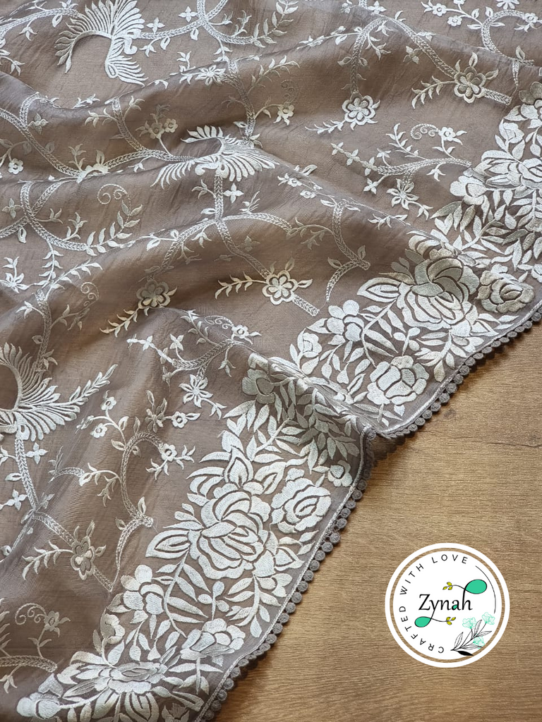 Zynah Gray Color Pure Organza Silk Saree with Parsi Gara Inspired Embroidery & Crochet Lace; Custom Stitched/Ready-made Blouse, Fall, Petticoat; Shipping available USA, Worldwide
