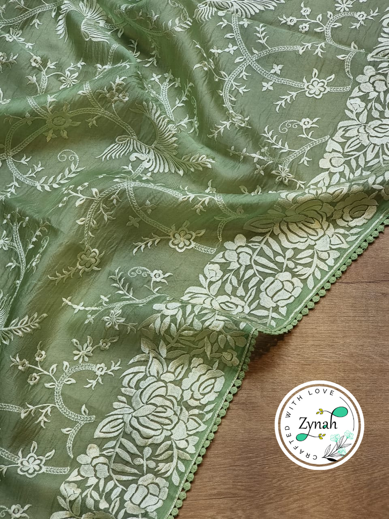 Zynah Green Color Pure Organza Silk Saree with Parsi Gara Inspired Embroidery & Crochet Lace; Custom Stitched/Ready-made Blouse, Fall, Petticoat; Shipping available USA, Worldwide