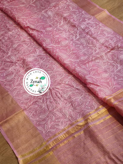 Zynah Pink Color Pure Tussar Kota Silk Saree with Heavy Chikankari Embroidery With Double Ghiccha Pallu and Heavy Tassels; Custom Stitched/Ready-made Blouse, Fall, Petticoat; Shipping available USA, Worldwide