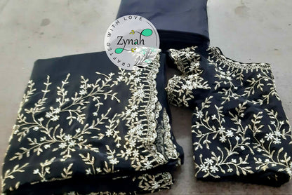 Zynah Pure Crepe Silk Saree with Beads, Pearl, Cut-dana Hand-work; Custom Stitched/Ready-made Blouse, Fall, Petticoat; Shipping available USA, Worldwide