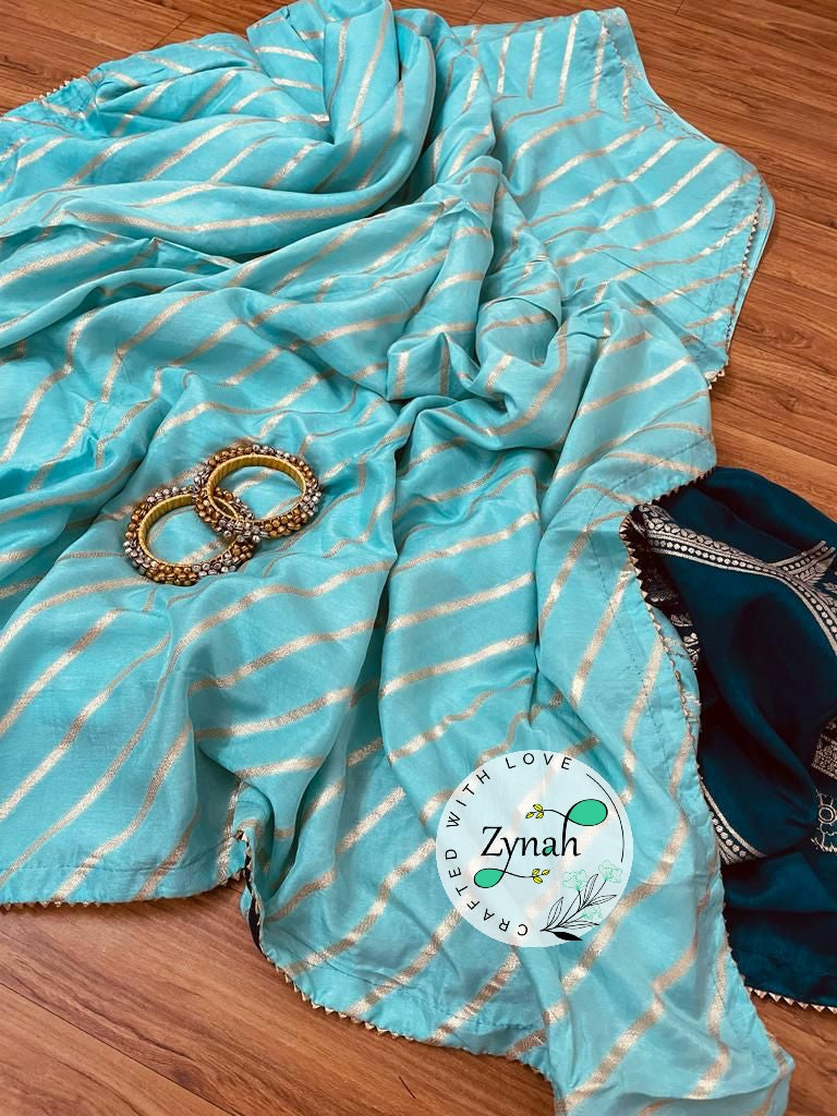 Zynah Pure Munga Silk Saree with Diagonal Stripes, Lehariya Style Weaving & Lace Border; Custom Stitched/Ready-made Blouse, Fall, Petticoat; Shipping available USA, Worldwide