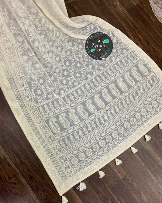 Zynah Pure Georgette Chikankari Saree; Custom Stitched/Ready-made Blouse, Fall, Petticoat; Shipping available USA, Worldwide