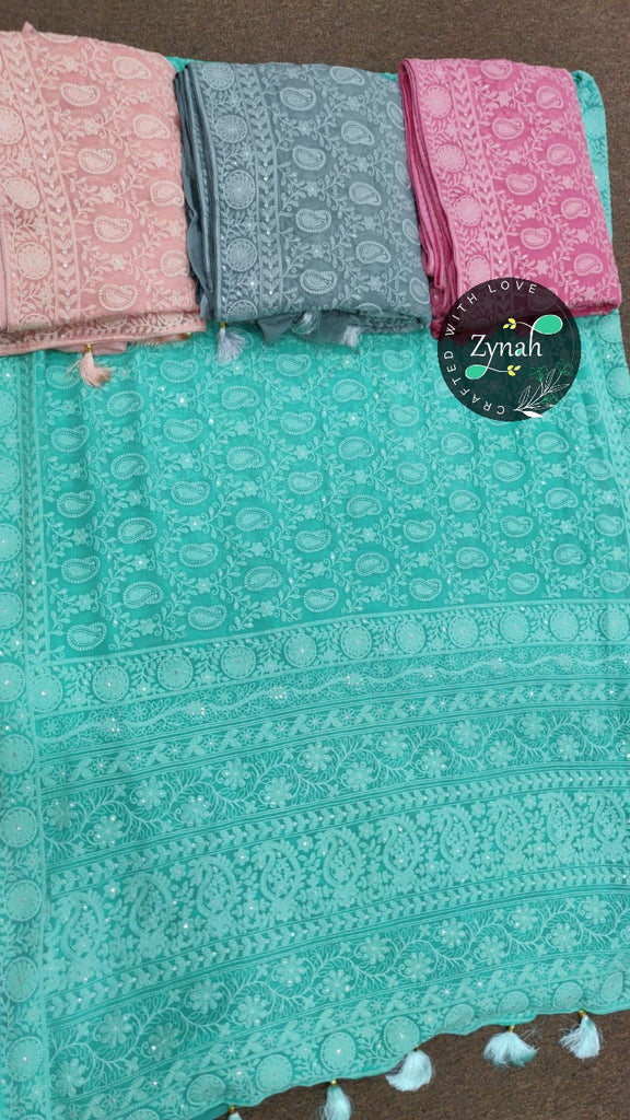 Zynah Pure Georgette Saree with Chikankari, zari & Sequence Work; Custom Stitched/Ready-made Blouse, Fall, Petticoat; Shipping available USA, Worldwide