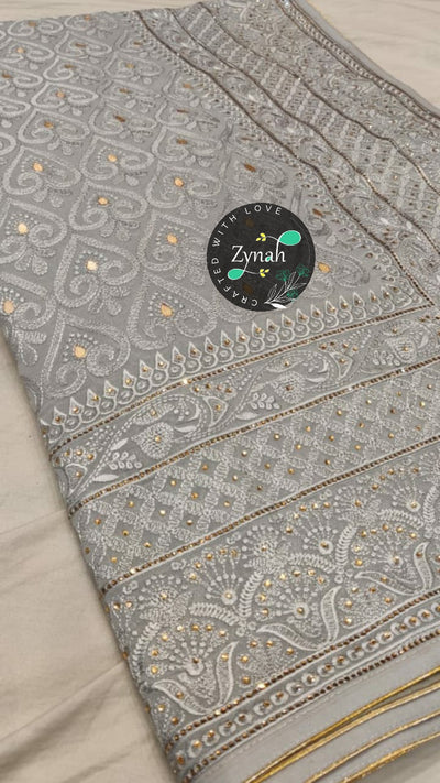 Zynah Pure Georgette Saree with Chikankari & Gotapatti Cut-work; Custom Stitched/Ready-made Blouse, Fall, Petticoat; Shipping available USA, Worldwide