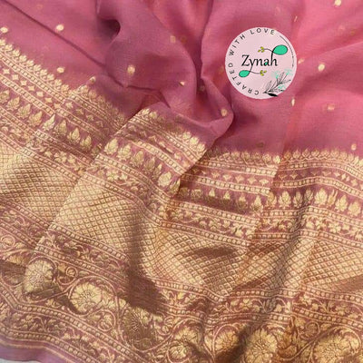 Zynah Pure Khaddi Georgette Saree with Golden Zari Weave; Custom Stitched/Ready-made Blouse, Fall, Petticoat; Shipping available USA, Worldwide