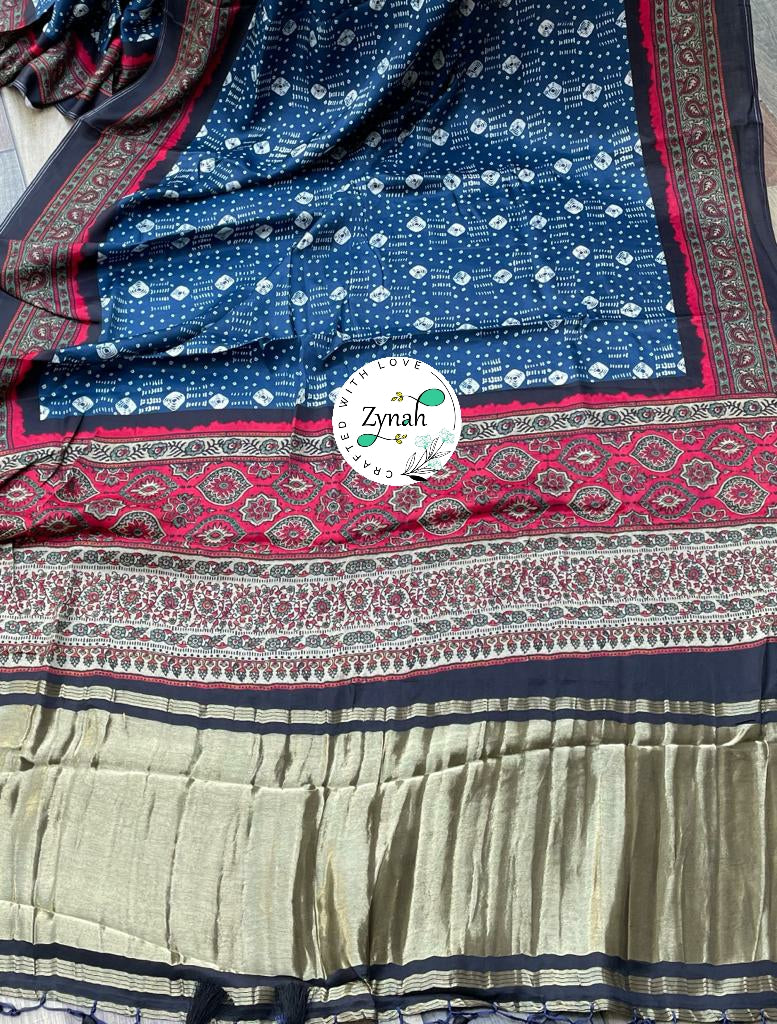 Zynah Pure Gajji Silk Saree with Bandhani & Ajrakh Prints, Tissue Zari Pallu; Custom Stitched/Ready-made Blouse, Fall, Petticoat; Shipping available USA, Worldwide