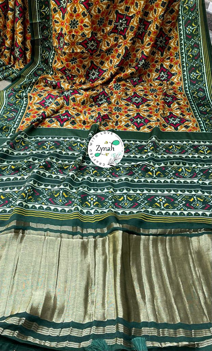 Zynah Pure Gajji Silk Patan Patola Saree with Tissue Zari Pallu; Custom Stitched/Ready-made Blouse, Fall, Petticoat; Shipping available USA, Worldwide