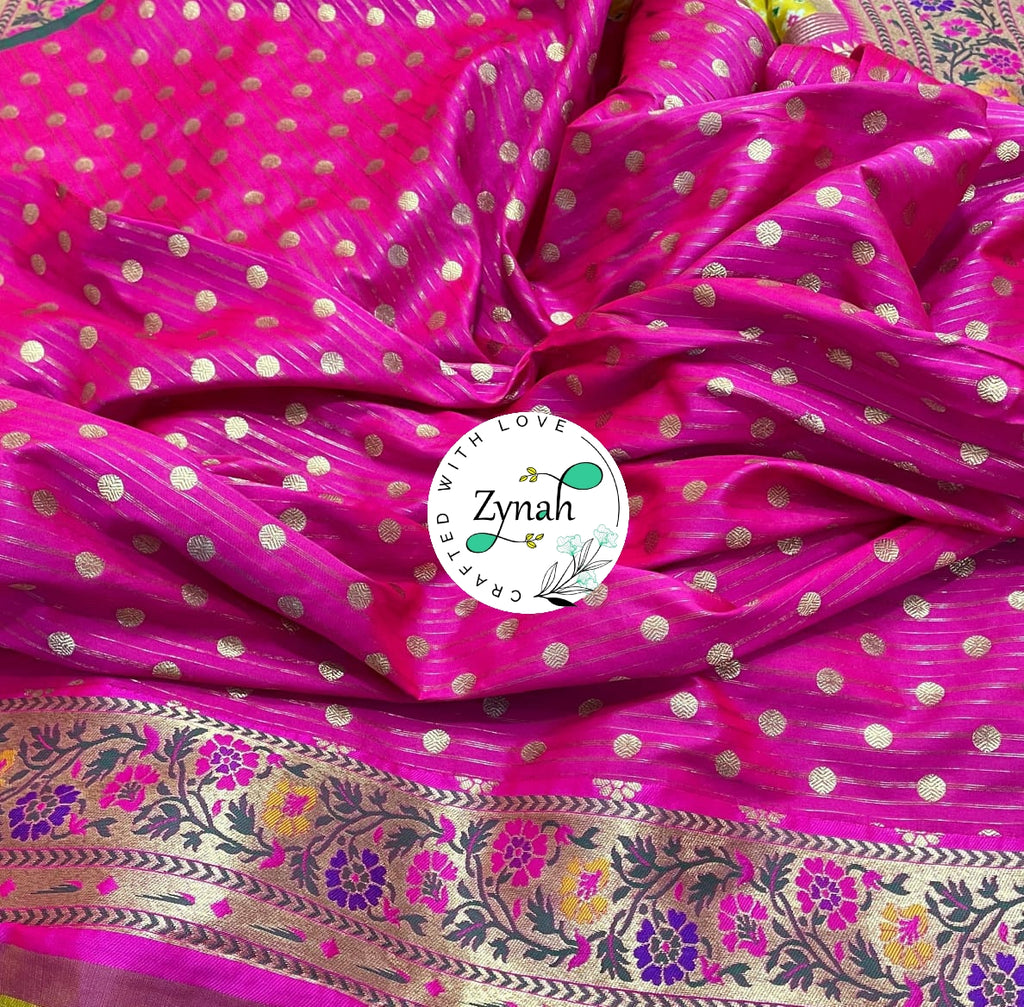 Zynah Pure Banarasi Soft Silk Saree, Patola Weave, Paithani Border & Pallu; Custom Stitched/Ready-made Blouse, Fall, Petticoat; Shipping available USA, Worldwide